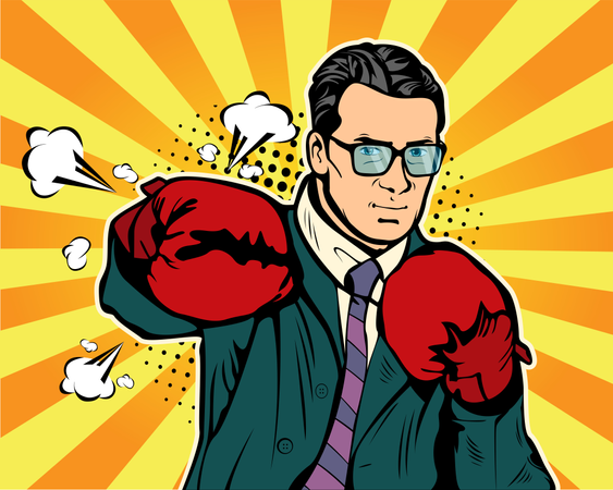 Hombre de negocios en guantes de boxeo ilustración vectorial en estilo comic pop art  Ilustración