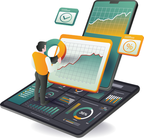 Hombre de negocios en tableta analizando datos del tablero  Ilustración