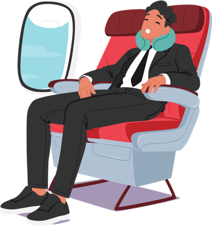 Hombre de negocios en traje en un avión con los ojos cerrados y una almohada para el cuello  Illustration