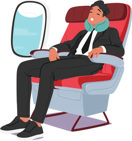 Hombre de negocios en traje en un avión con los ojos cerrados y una almohada para el cuello  Illustration