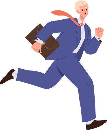 Hombre de negocios en traje formal con corbata sosteniendo maletín y corriendo rápido  Ilustración