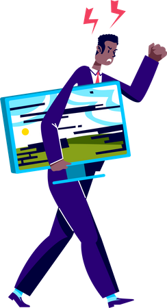 Hombre de negocios enojado sosteniendo un monitor de computadora roto  Ilustración