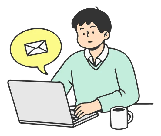 El hombre de negocios envía un correo electrónico a través de una computadora portátil  Ilustración