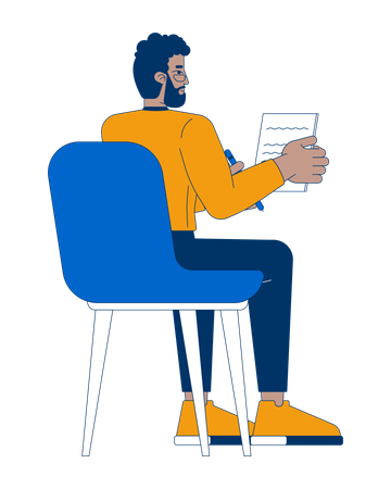 Hombre de negocios escribiendo notas mientras está sentado en una silla  Ilustración