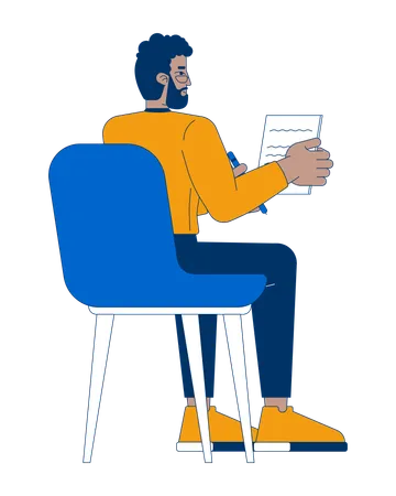 Hombre de negocios escribiendo notas mientras está sentado en una silla  Ilustración