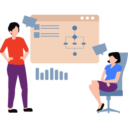 El hombre de negocios le está explicando un diagrama de flujo a una niña  Ilustración