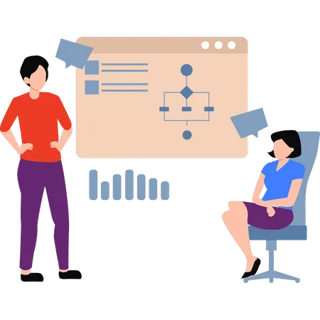 El hombre de negocios le está explicando un diagrama de flujo a una niña  Ilustración