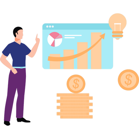 El hombre de negocios está mirando el progreso del gráfico de la página web  Ilustración