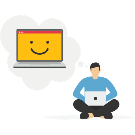 Hombre de negocios feliz trabajando con una computadora portátil en una pantalla sonriente  Ilustración