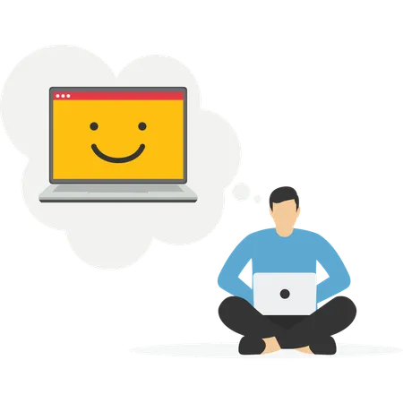 Hombre de negocios feliz trabajando con una computadora portátil en una pantalla sonriente  Ilustración