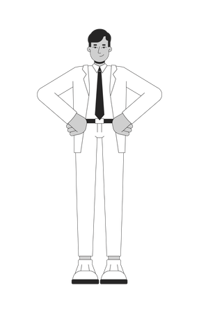 Hombre de negocios indio con traje, corbata y manos en las caderas, personaje de línea 2D en blanco y negro  Ilustración