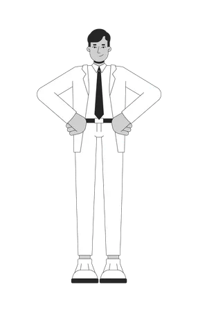 Hombre de negocios indio con traje, corbata y manos en las caderas, personaje de línea 2D en blanco y negro  Ilustración