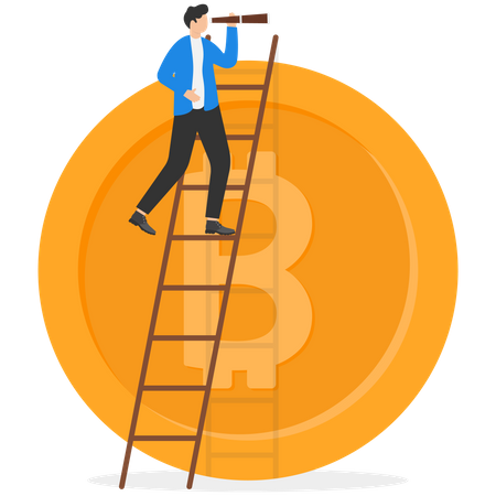 El inversionista empresario sube la escalera encima de Bitcoin usando un telescopio de catalejo para ver la oportunidad  Ilustración