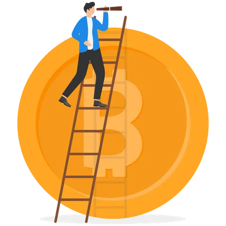 El inversionista empresario sube la escalera encima de Bitcoin usando un telescopio de catalejo para ver la oportunidad  Ilustración