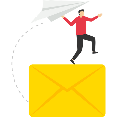 Empresario lanzando un avión de papel origami en un formulario de suscripción por correo electrónico en el sitio web  Ilustración