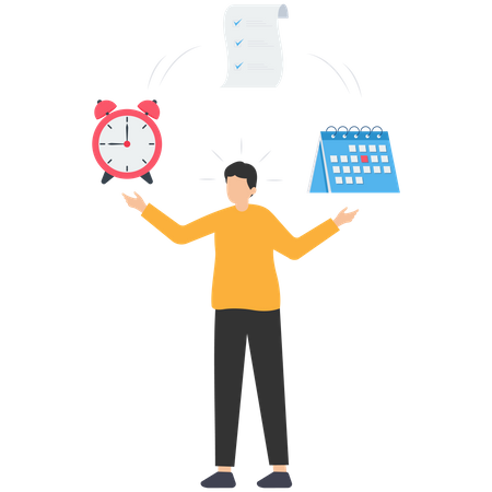 El empresario medita equilibrando el reloj y el calendario en el papel de tarea completado  Ilustración