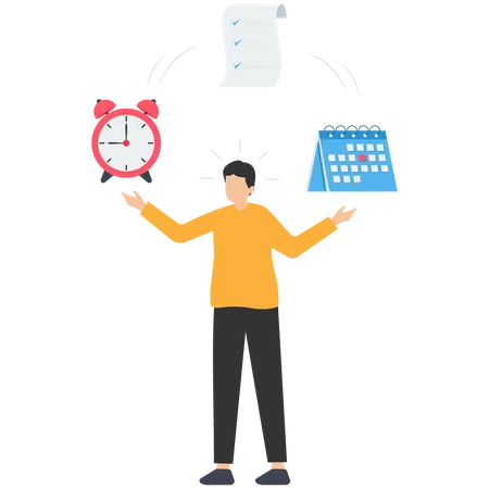 El empresario medita equilibrando el reloj y el calendario en el papel de tarea completado  Ilustración