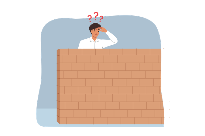 Hombre de negocios mira detrás de una barrera de piedra  Ilustración