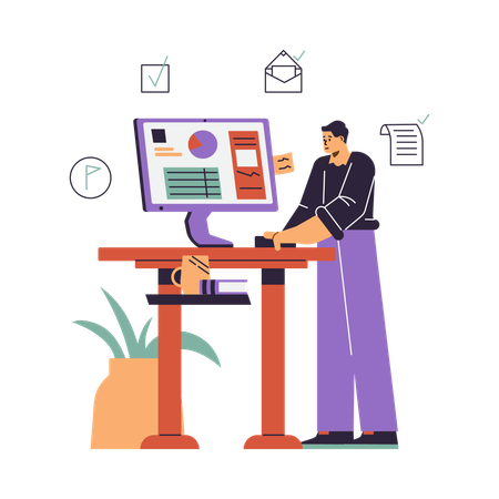 Hombre de negocios mirando la computadora mientras escribe una nota  Ilustración