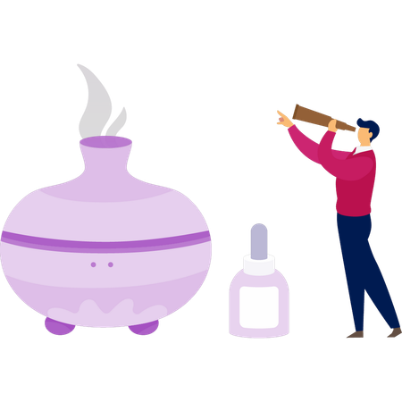 Hombre de negocios mirando una botella de poción con un catalejo  Ilustración