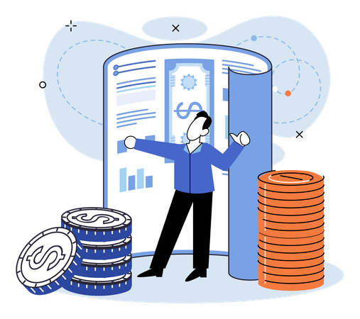 Hombre de negocios mostrando análisis financiero  Ilustración