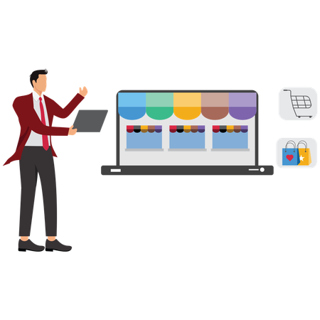 Hombre de negocios mostrando Marketplace y tienda multi-vendedor  Ilustración