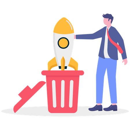 Hombre de negocios mostrando un cohete desde un contenedor de basura  Illustration