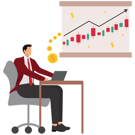 Hombre de negocios observando las ganancias del mercado de valores  Ilustración