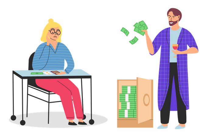 Un hombre de negocios parado cerca de una caja fuerte llena de dinero y una mujer pobre cuenta ahorros en la calculadora  Ilustración