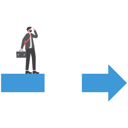 Hombre de negocios parado y mirando la flecha con un espacio delante de él  Ilustración