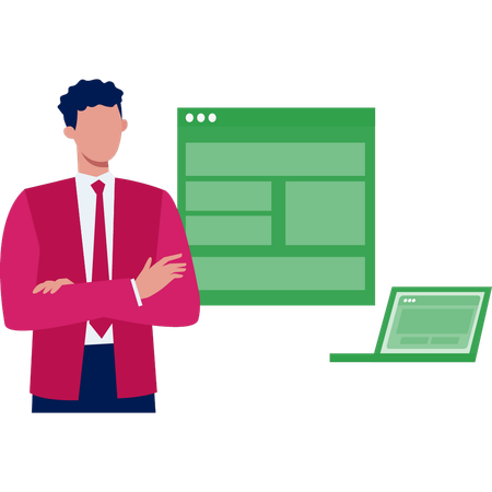 Hombre de negocios presentando la codificación de una página web  Ilustración