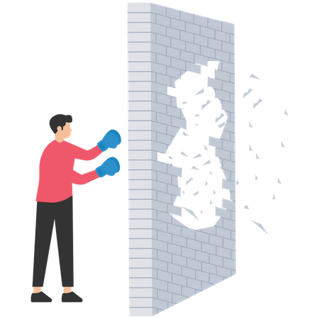 Hombre de negocios rompiendo el muro de hormigón  Ilustración