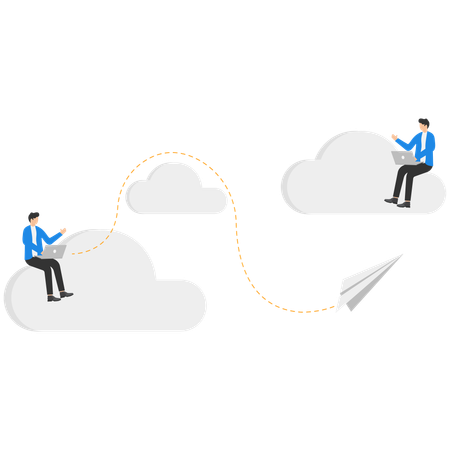 Un hombre de negocios se encuentra en una nube y recibe un mensaje  Ilustración