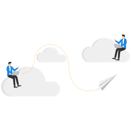 Un hombre de negocios se encuentra en una nube y recibe un mensaje  Ilustración