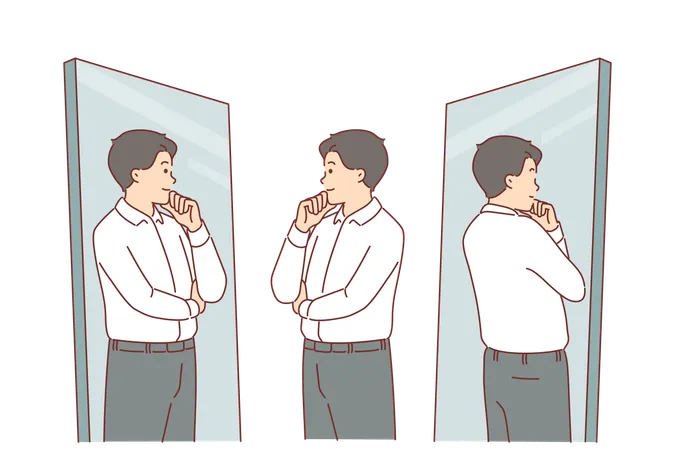 El hombre de negocios se mira en el espejo probándose ropa formal nueva y toca la barbilla con una sonrisa  Ilustración