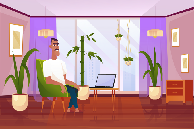 Hombre de negocios sentado en un sofá con una computadora portátil en la oficina  Ilustración