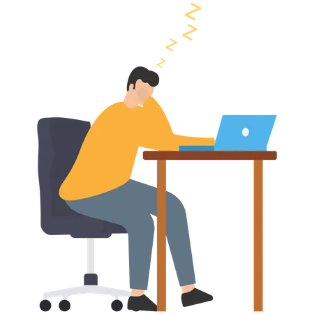 Hombre de negocios soñoliento con la mano en la barbilla aburrido sentado con poca energía en su escritorio de trabajo  Ilustración