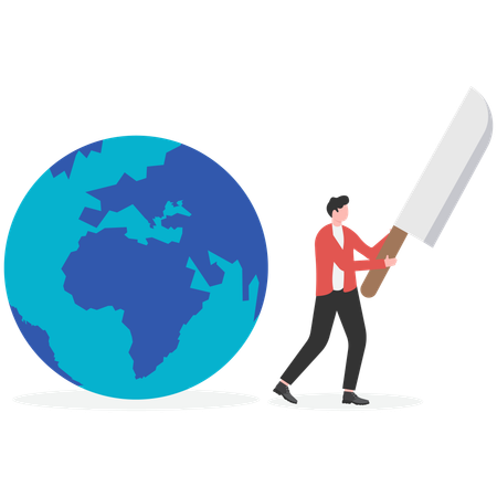 Hombre de negocios sosteniendo un cuchillo mientras destruye el medio ambiente  Illustration