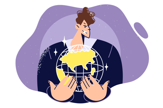 Hombre de negocios sostiene el globo y sonríe astutamente soñando creando una corporación internacional  Ilustración