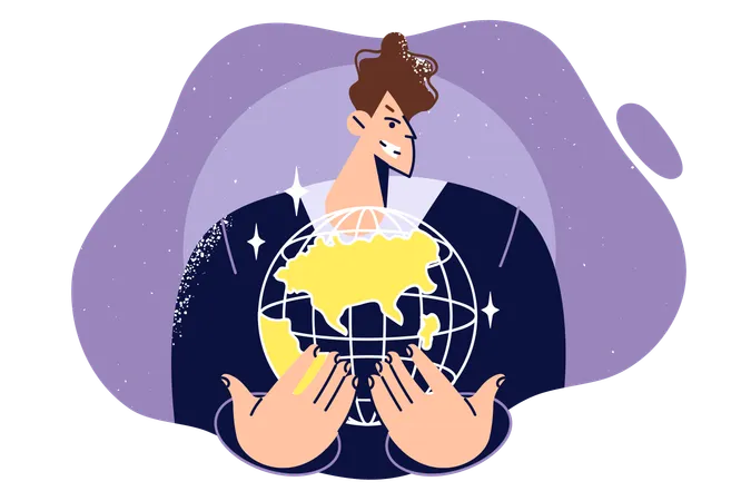 Hombre de negocios sostiene el globo y sonríe astutamente soñando creando una corporación internacional  Ilustración