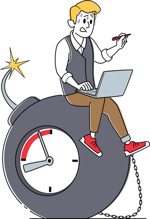 Empresario sudoroso sentado sobre una bomba con mecha encendida y reloj haciendo tictac  Ilustración