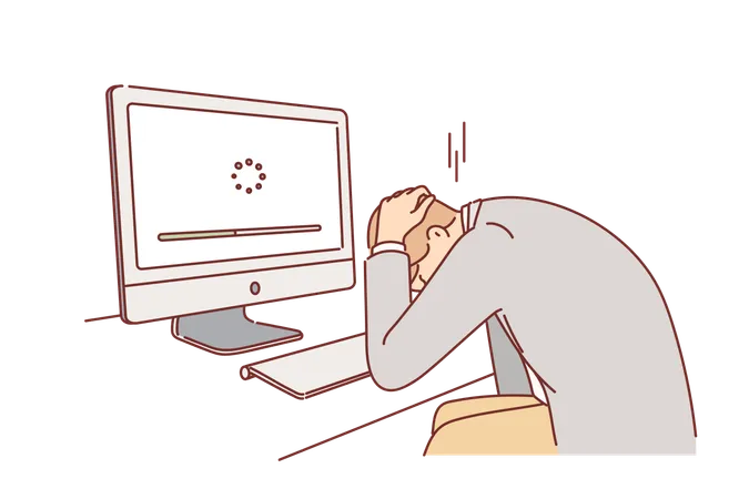 Un hombre de negocios sufre una avería en la computadora y se agarra la cabeza al ver la barra de progreso en el monitor  Ilustración