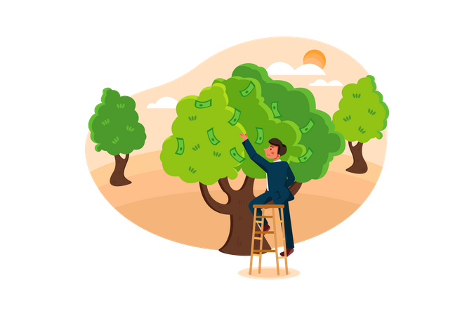 Hombre de negocios tomando dinero del árbol del dinero  Ilustración