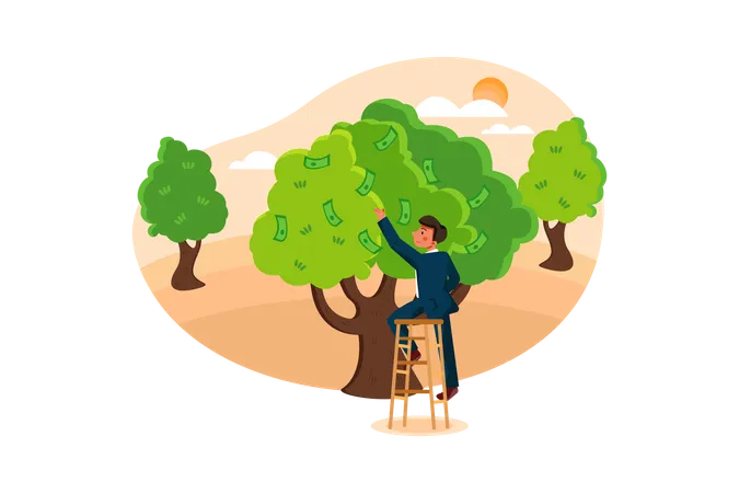 Hombre de negocios tomando dinero del árbol del dinero  Ilustración