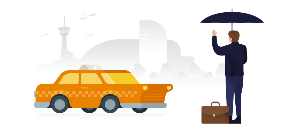 Hombre de negocios llamando un taxi para el aeropuerto  Ilustración