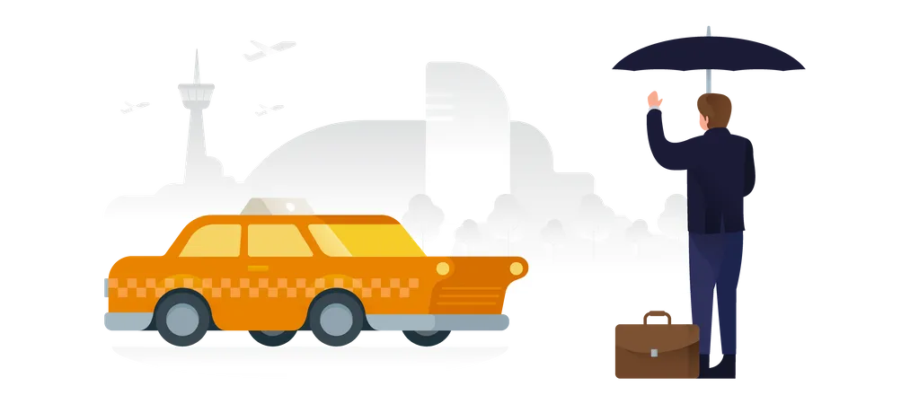 Hombre de negocios llamando un taxi para el aeropuerto  Ilustración