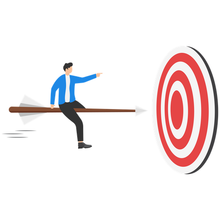 Hombre de negocios trabajador montando flecha de velocidad apuntando precisamente a la diana objetivo  Ilustración
