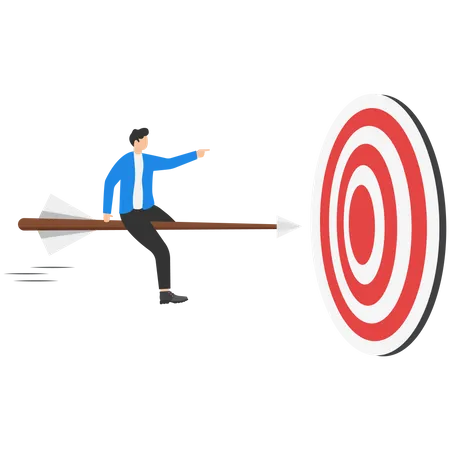 Hombre de negocios trabajador montando flecha de velocidad apuntando precisamente a la diana objetivo  Ilustración