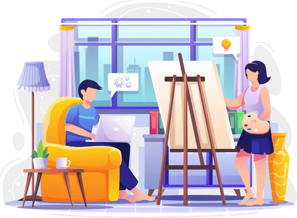 Empresario trabajando desde casa y esposa haciendo arte  Ilustración