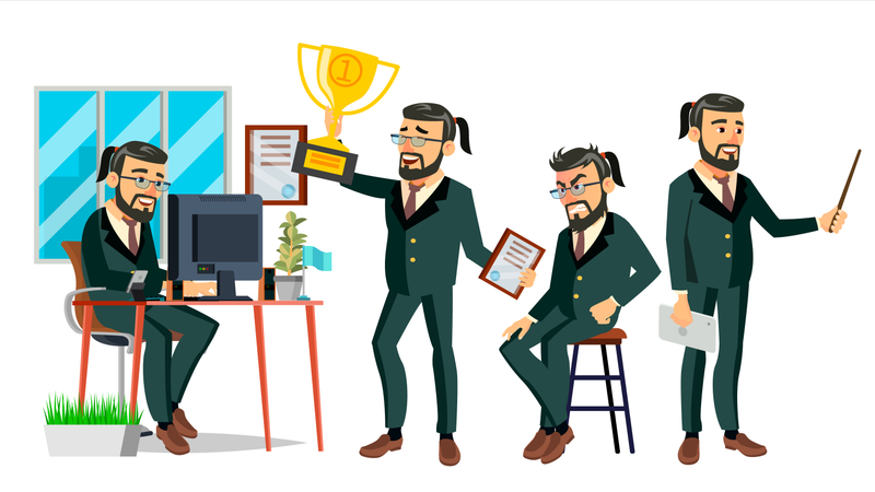 Hombre de negocios trabajando en la oficina con gesto ganador  Ilustración